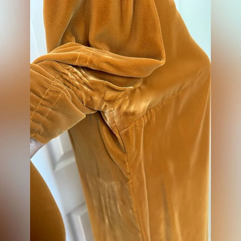 1970s Mustard Colored Rich Velvet High-Collar Dress